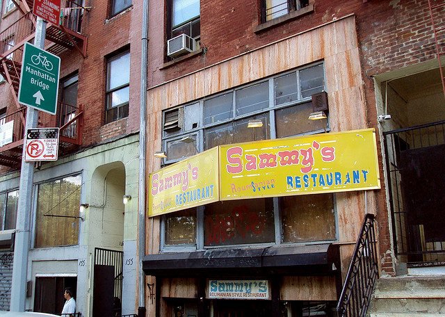 A 2009 photo of the signage of Sammy's Roumanian restaurant on Chrystie.