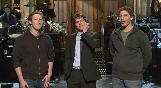 Mark Zuckberg, Jesse Eisenberg (nominated for an Oscar for  portraying Zuckerberg), and Andy Samberg, portraying Zuckerberg