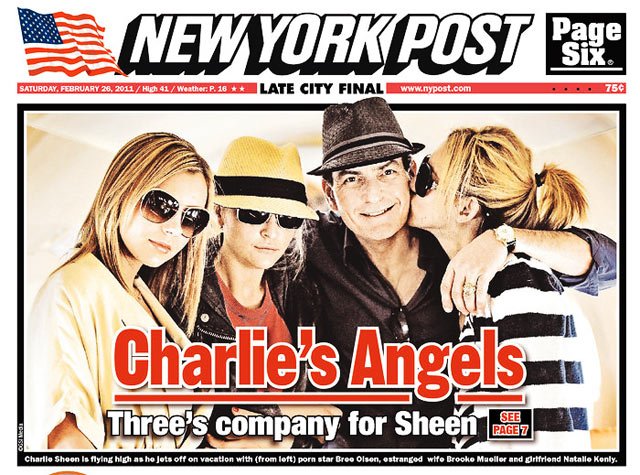 Charlie Sheen, with, from right, Bree Olson, ex-wife Brooke Mueller, and girlfriend Natalie Kenly