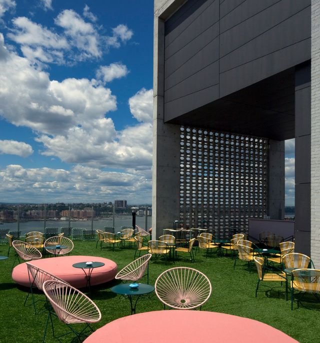 201205_lebain.jpeg Le BainThe spectacular rooftop lounge above the Standard Hotel offers fine fake grass, incredible views, waterbeds, the Standard expensive drinks, not-very-hot hot tubs, crepes, and the chance to drunkenly fool yourself into thinking you might be able to score a model's number. You probably won'tâbut they've been known to take their clothes off. This roof is literally a panty-dropper. Getting up there at night can sometimes be tough, depending on how and when you roll up, but arrive during the afternoon and you'll practically have the whole roof to yourself. And please note that the roof bar at Le Bain hasn't opened for the season yetâthat happens on May 25th, and it will be open at 2 p.m. daily.444 West 13th Street // 212-645-4646In the same vein: Try the less insane door at Ink48's Press Lounge. The views are even better.