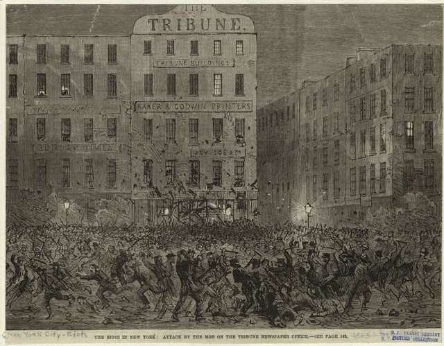 Attack at the Tribune newspaper building (at Nassau and Spruce Streets)New York was already a center of industry for the warâfactories made uniforms, the Brooklyn Navy Yard built warships, Wall Street financed the warâbut a drafty lottery on July 13 became a flashpoint. A crowd of 500 threw bricks at a draft locationâThird Avenue and 47th Streetâand set fire to the building. Stores were ransacked, and riots spread. Police officers were beaten, including police superintendent John Kennedy, who was only saved when someone said he was deadâhe actually had 20 wounds and over 70 bruises.By the afternoon, blacks started to become targetsâthe Colored Orphan Asylum (Fifth Avenue between 43rd and 44th Streets) was looted and burned down by thousands of angry men and women. Two hundred thirty-three orphans, who were essentially unharmed, were moved to the 35th Street Police Station, and they were luckyâmany blacks (including children) were beaten and eleven were killed, including a disabled black man who was beaten, hanged and then dragged through the mud and a seven-year-old who was caught while trying to flee a fire and beaten to death. Tenements occupied by blacks were set on fire.Over the course of the riots, mobs also attacked those who supported the Union, like Republicans or those who they believed to be Republican, and ransacked stores frequented by the wealthy, like Brooks Brothers (which also made uniforms for NY's troops). They also burned down the offices of the New York Daily Tribune, which was led by pro-Republican Horace Greeley. Whites who gave shelter to blacks or tried to stop the riots were assaulted; brothels who had mixed-race clientele were also targeted.  The city's Board of Aldermen and Common Counsel passed a resolution to pay $2.5 million for exemptions for workers.By the fourth day, July 16, Governor Seymore asked Archbishop John Hughes to help calm down rioters, and Hughes, Irish himself (and who had published racist diatribes), appealed to thousands, "I have been hurt by the report that you were rioters. You cannot imagine that I could hear these things without being grievously pained." On that very day, four thousand federal troops arrived from Gettysburg and the riots ended the next day.The official death toll was 119, but it's believed as many as two thousand could have been killed while thousands were injured. One result of the violence was that some blacks moved from Manhattan to Brooklyn and New Jersey. Like what you read here? Tune in to BBC America's Copper, a gripping new crime-drama series set in 1860s New York City from Academy AwardÂ®-winner Barry Levinson and EmmyÂ® Award-winner Tom Fontana. Watch the series premiere of Copper only on BBC America. For more updates on the series, be sure to like Copper on Facebook and follow Copper on Twitter.