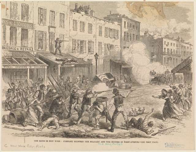 The military versus the rioters on First AvenueNew York was already a center of industry for the warâfactories made uniforms, the Brooklyn Navy Yard built warships, Wall Street financed the warâbut a drafty lottery on July 13 became a flashpoint. A crowd of 500 threw bricks at a draft locationâThird Avenue and 47th Streetâand set fire to the building. Stores were ransacked, and riots spread. Police officers were beaten, including police superintendent John Kennedy, who was only saved when someone said he was deadâhe actually had 20 wounds and over 70 bruises.By the afternoon, blacks started to become targetsâthe Colored Orphan Asylum (Fifth Avenue between 43rd and 44th Streets) was looted and burned down by thousands of angry men and women. Two hundred thirty-three orphans, who were essentially unharmed, were moved to the 35th Street Police Station, and they were luckyâmany blacks (including children) were beaten and eleven were killed, including a disabled black man who was beaten, hanged and then dragged through the mud and a seven-year-old who was caught while trying to flee a fire and beaten to death. Tenements occupied by blacks were set on fire.Over the course of the riots, mobs also attacked those who supported the Union, like Republicans or those who they believed to be Republican, and ransacked stores frequented by the wealthy, like Brooks Brothers (which also made uniforms for NY's troops). They also burned down the offices of the New York Daily Tribune, which was led by pro-Republican Horace Greeley. Whites who gave shelter to blacks or tried to stop the riots were assaulted; brothels who had mixed-race clientele were also targeted.  The city's Board of Aldermen and Common Counsel passed a resolution to pay $2.5 million for exemptions for workers.By the fourth day, July 16, Governor Seymore asked Archbishop John Hughes to help calm down rioters, and Hughes, Irish himself (and who had published racist diatribes), appealed to thousands, "I have been hurt by the report that you were rioters. You cannot imagine that I could hear these things without being grievously pained." On that very day, four thousand federal troops arrived from Gettysburg and the riots ended the next day.The official death toll was 119, but it's believed as many as two thousand could have been killed while thousands were injured. One result of the violence was that some blacks moved from Manhattan to Brooklyn and New Jersey. Like what you read here? Tune in to BBC America's Copper, a gripping new crime-drama series set in 1860s New York City from Academy AwardÂ®-winner Barry Levinson and EmmyÂ® Award-winner Tom Fontana. Watch the series premiere of Copper only on BBC America. For more updates on the series, be sure to like Copper on Facebook and follow Copper on Twitter.