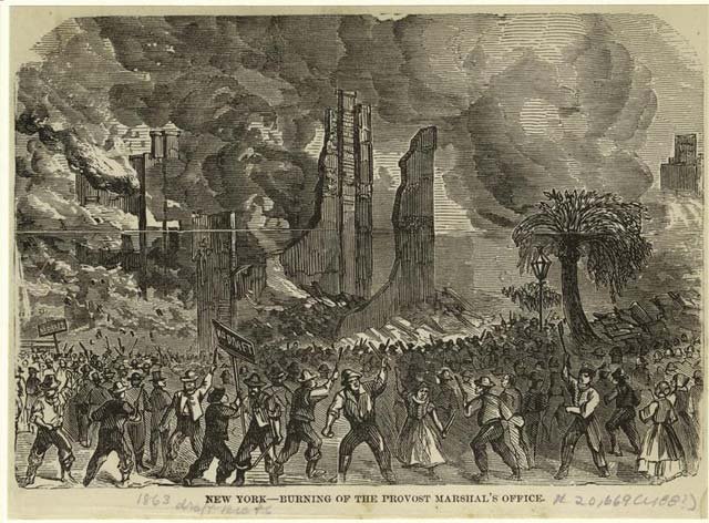 "The Burning Of The Provost Marshal's Office"New York was already a center of industry for the warâfactories made uniforms, the Brooklyn Navy Yard built warships, Wall Street financed the warâbut a draft lottery on July 13 became a flashpoint. A crowd of 500 threw bricks at a draft locationâThird Avenue and 47th Streetâand set fire to the building. Stores were ransacked, and riots spread. Police officers were beaten, including police superintendent John Kennedy, who was only saved when someone said he was deadâhe actually had 20 wounds and over 70 bruises.By the afternoon, blacks started to become targetsâthe Colored Orphan Asylum (Fifth Avenue between 43rd and 44th Streets) was looted and burned down by thousands of angry men and women. Two hundred thirty-three orphans, who were essentially unharmed, were moved to the 35th Street Police Station, and they were luckyâmany blacks (including children) were beaten and eleven were killed, including a disabled black man who was beaten, hanged and then dragged through the mud and a seven-year-old who was caught while trying to flee a fire and beaten to death. Tenements occupied by blacks were set on fire.Over the course of the riots, mobs also attacked those who supported the Union, like Republicans or those who they believed to be Republican, and ransacked stores frequented by the wealthy, like Brooks Brothers (which also made uniforms for NY's troops). They also burned down the offices of the New York Daily Tribune, which was led by pro-Republican Horace Greeley. Whites who gave shelter to blacks or tried to stop the riots were assaulted; brothels who had mixed-race clientele were also targeted.  The city's Board of Aldermen and Common Counsel passed a resolution to pay $2.5 million for exemptions for workers.By the fourth day, July 16, Governor Seymore asked Archbishop John Hughes to help calm down rioters, and Hughes, Irish himself (and who had published racist diatribes), appealed to thousands, "I have been hurt by the report that you were rioters. You cannot imagine that I could hear these things without being grievously pained." On that very day, four thousand federal troops arrived from Gettysburg and the riots ended the next day.The official death toll was 119, but it's believed as many as two thousand could have been killed while thousands were injured. One result of the violence was that some blacks moved from Manhattan to Brooklyn and New Jersey. Like what you read here? Tune in to BBC America's Copper, a gripping new crime-drama series set in 1860s New York City from Academy AwardÂ®-winner Barry Levinson and EmmyÂ® Award-winner Tom Fontana. Watch the series premiere of Copper only on BBC America. For more updates on the series, be sure to like Copper on Facebook and follow Copper on Twitter.