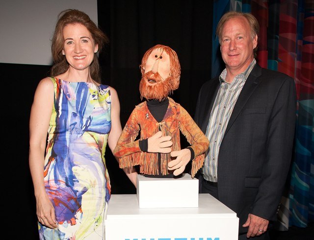 Siblings Cheryl Henson and John Henson with a puppet of their father, Jim Henson, in 2013