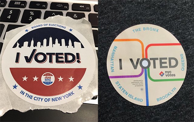The new "I Voted" sticker on the left