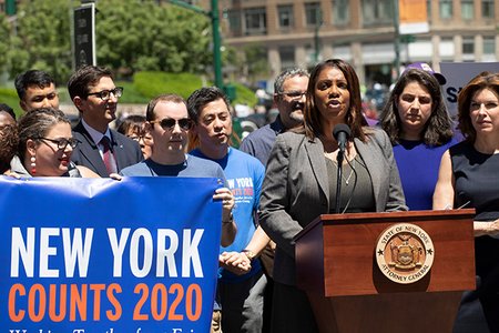 New York Attorney General Letitia James speaking at a rally on June 27, 2019