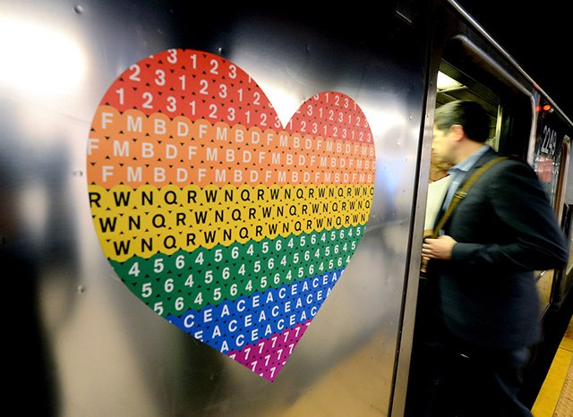 The MTA Pride logo on a 1 train