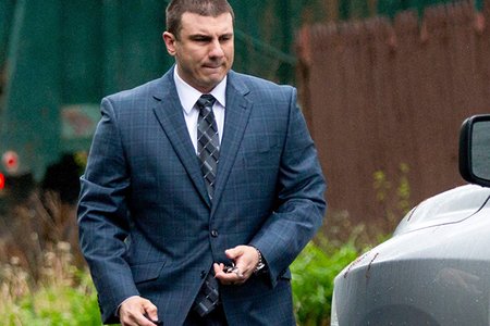 New York City police officer Daniel Pantaleo leaves his house, in Staten Island, N.Y., in May
