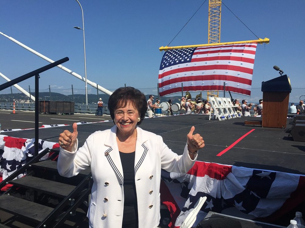 A photograph of Nita Lowey giving two thumbs up at the opening of the Mario M. Cuomo Bridge.