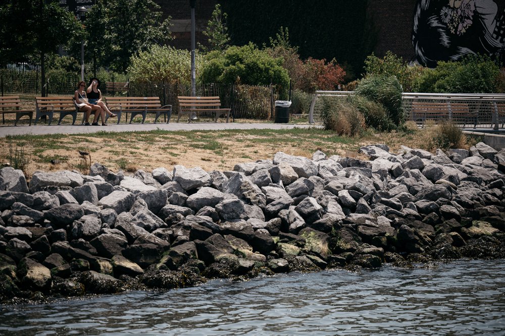 Rocky breakwaters sit along parts of the waterfront in Greenpoint and Williamsburg to beat back rising tides. But future storm surge will easily flow over these breakwaters onto adjacent gardens and parks.