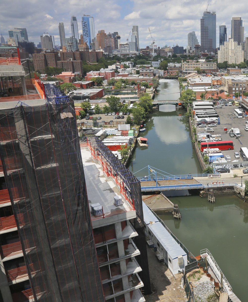 A north-facing view of Brooklyn's Gowanus Canal in July 2016, featuring new developments in the formerly industrial neighborhood.