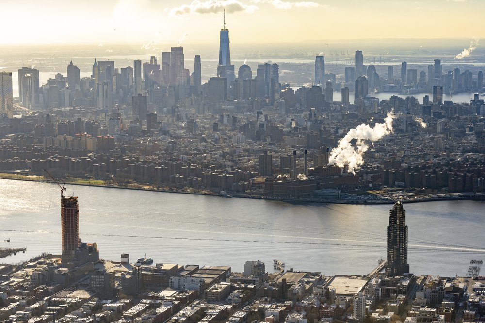 An aerial view of the Greenpoint-Williamsburg waterfront looking west toward lower Manhattan on Feb. 6, 2022
