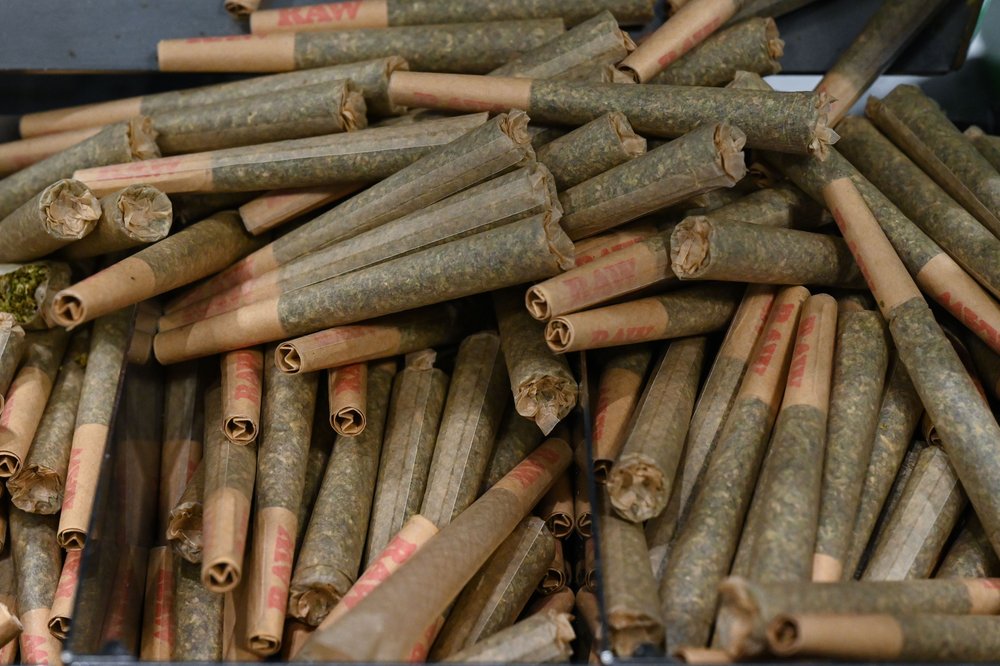 Pre-rolled cannabis joints on display at the CWCBExpo at the Javits Center, June 2, 2023