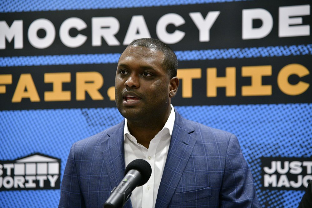 Mondaire Jones speaks at the "Just Majority" Supreme Court Reform Press Conference With Gun Violence Prevention Advocates on April 30, 2023 in White Plains.