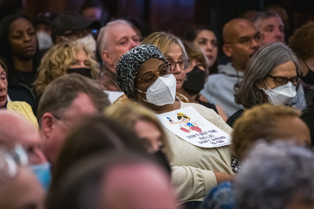 Participants attend an NYC City Council hearing about the proposed changes to the city’s administrative code and municipal retirees' health care benefits, Jan. 9, 2023.