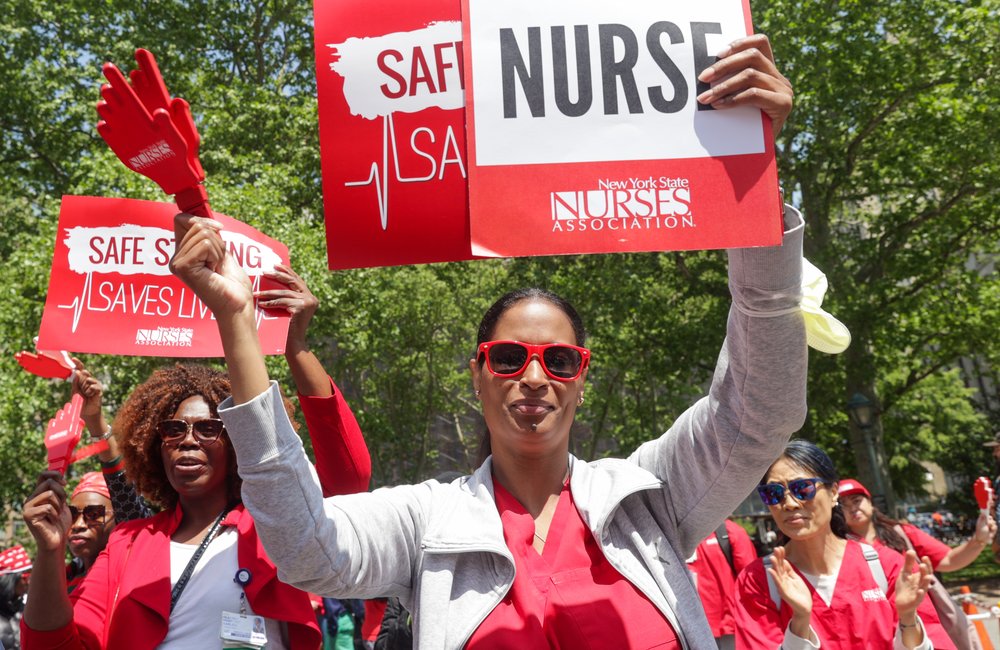 New York State Nurse Association (NYSNA) members who work for NYC Health + Hospitals rally for a new contract at Foley Square on May 10, 2023.