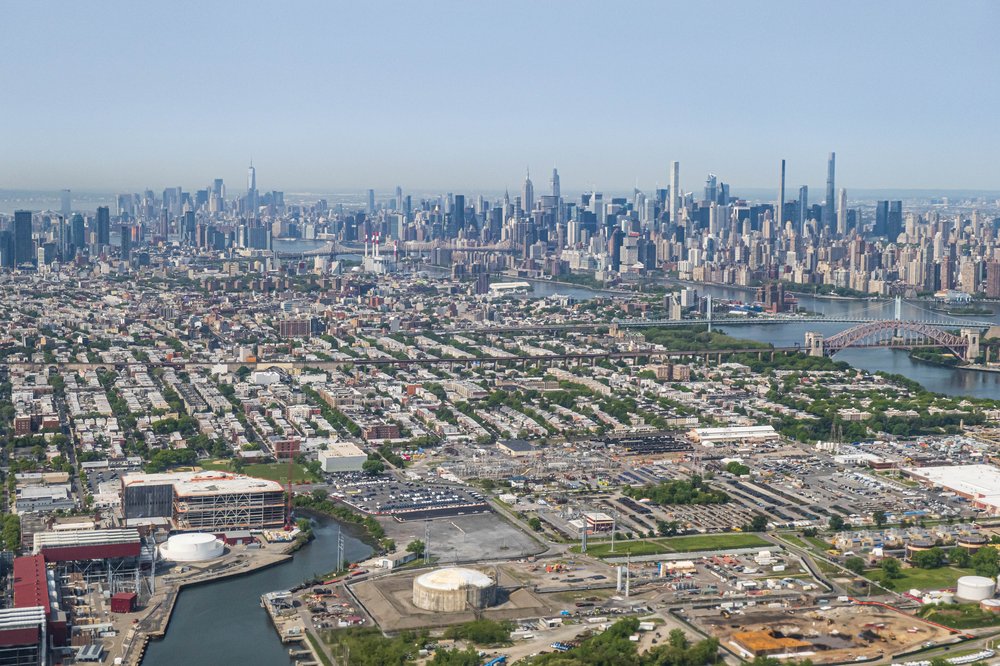 Aerial view of New York City from an airplane window departing from LaGuardia airport, May 2023.