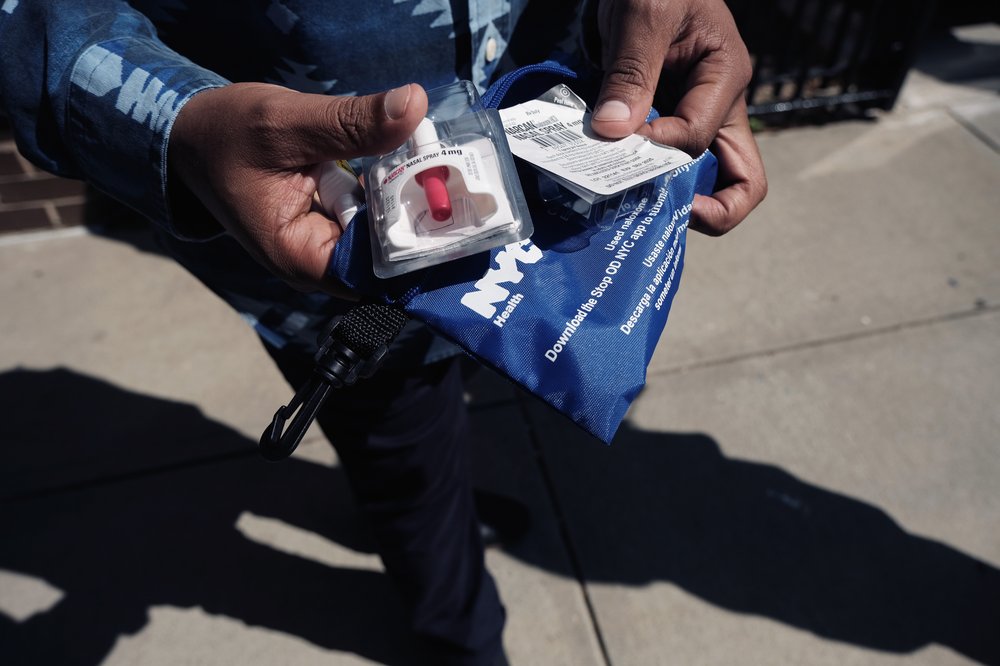 Naloxone overdose kit from a vending machine in Brooklyn that also disperses fentanyl test strips, June 5, 2023.