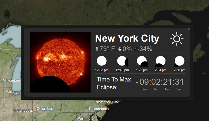 The partial solar eclipse will begin at approximately 12:08 p.m. in New York City and will last just over 2.5 hours, ending at 2:36 p.m.