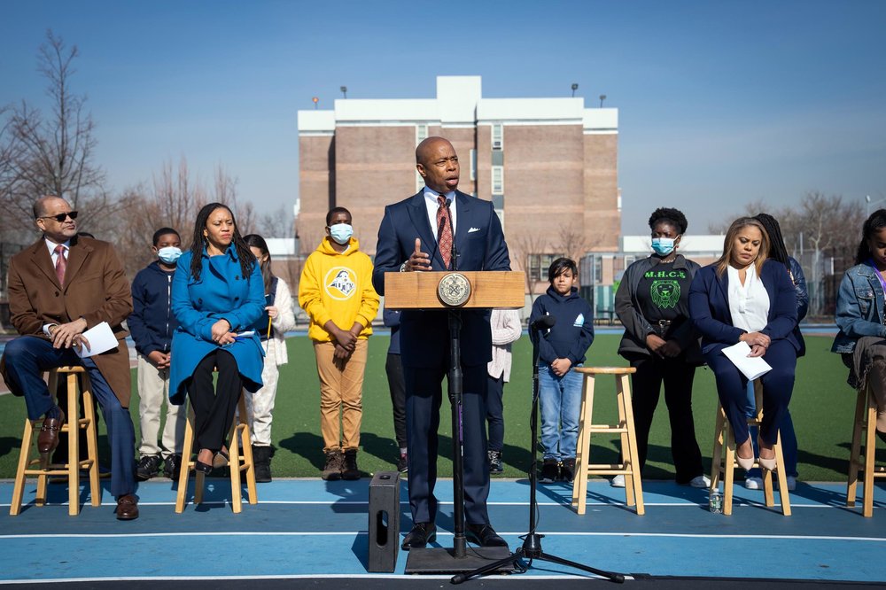 Mayor Eric Adams speaks at the Bronx Delta School on March 11, 2022.