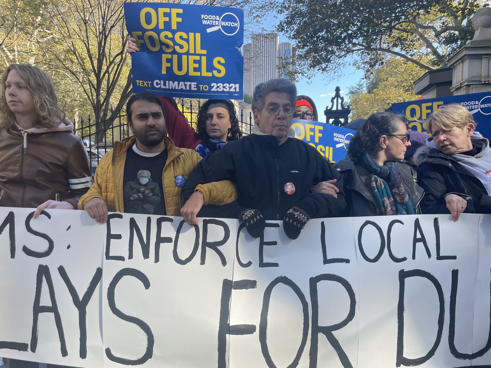Protestors chanted and carried signs that read "No Delay for Durst," referring to Douglas Durst, chair of the Real Estate Board of NY, a group that has supported weakening Local Law 97.