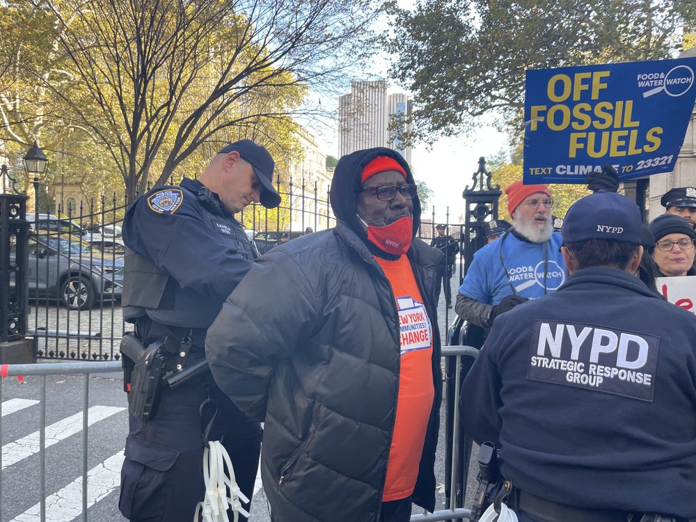 NYPD arrest a protestor outside the west gate to City Hall.