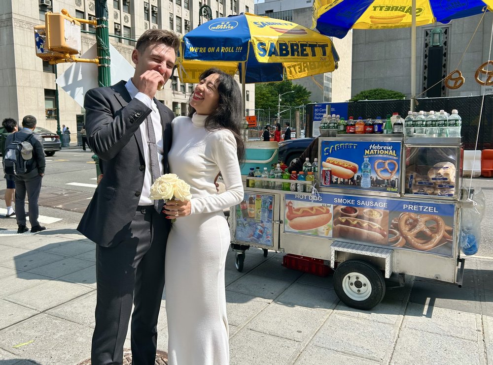 Christian and Emily Yarros celebrated their wedding at the City Clerk's Office in lower Manhattan with hot dogs on June 2, 2025.
