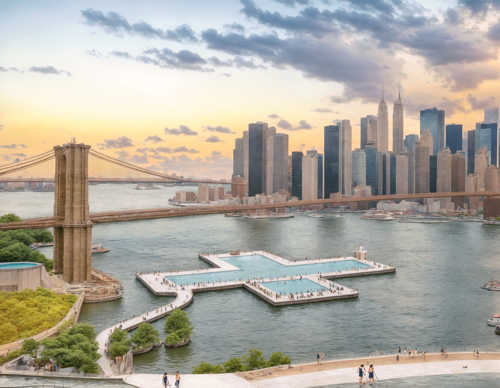 A rendering of a plus-sign-shaped pool in the New York City harbor with the Statue of Liberty in the background and the sun peeking through the clouds.