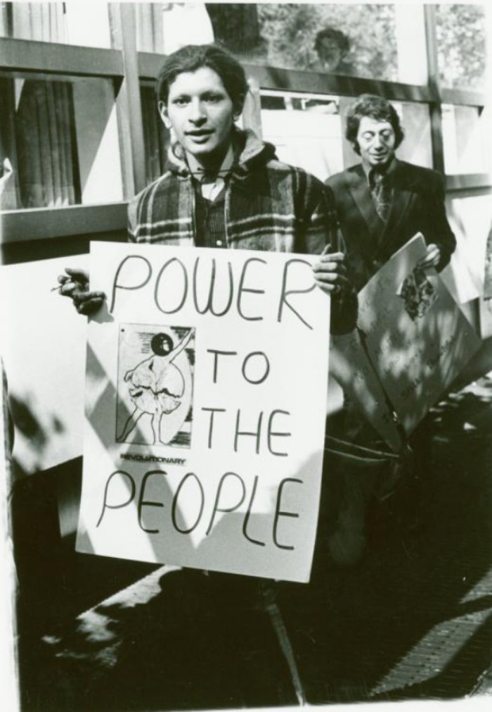 Sylvia Ray Rivera (front) and Arthur Bell at gay liberation demonstration, New York University, 1970<br/>