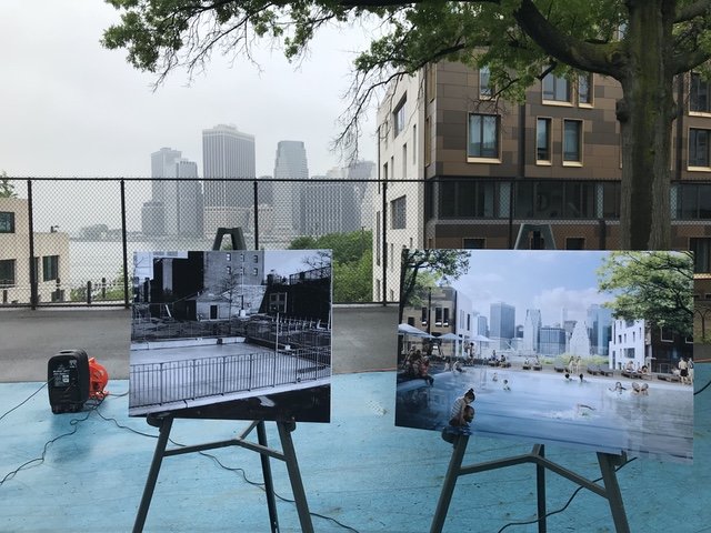 2poolpresser18.jpg An old photo of Squibb park, and a rendering of the pool at today's press conference.