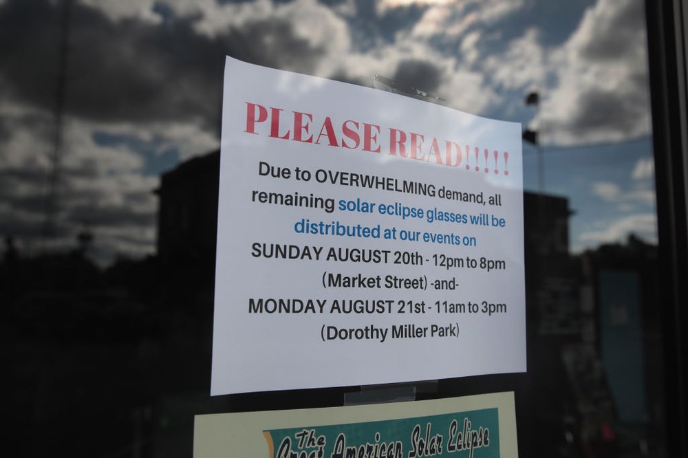 35e665099gettyimages-834205972-jpg.jpeg A sign in the window of the Metropolis Chamber of Commerce tells visitors of a short supply of solar eclipse viewing glasses on August 17, 2017 in Metropolis, Illinois. Metropolis is located along the eclipse path of totality in Southern Illinois.<br>