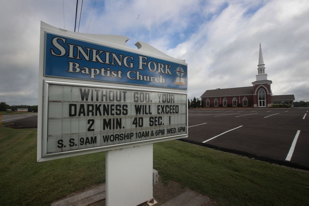 360449e61gettyimages-833825160-jpg.jpeg Sinking Fork Baptist Church displays a message related to the upcoming solar eclipse to motorist who pass by on the highway on August 17, 2017 in Hopkinsville, Kentucky<br>