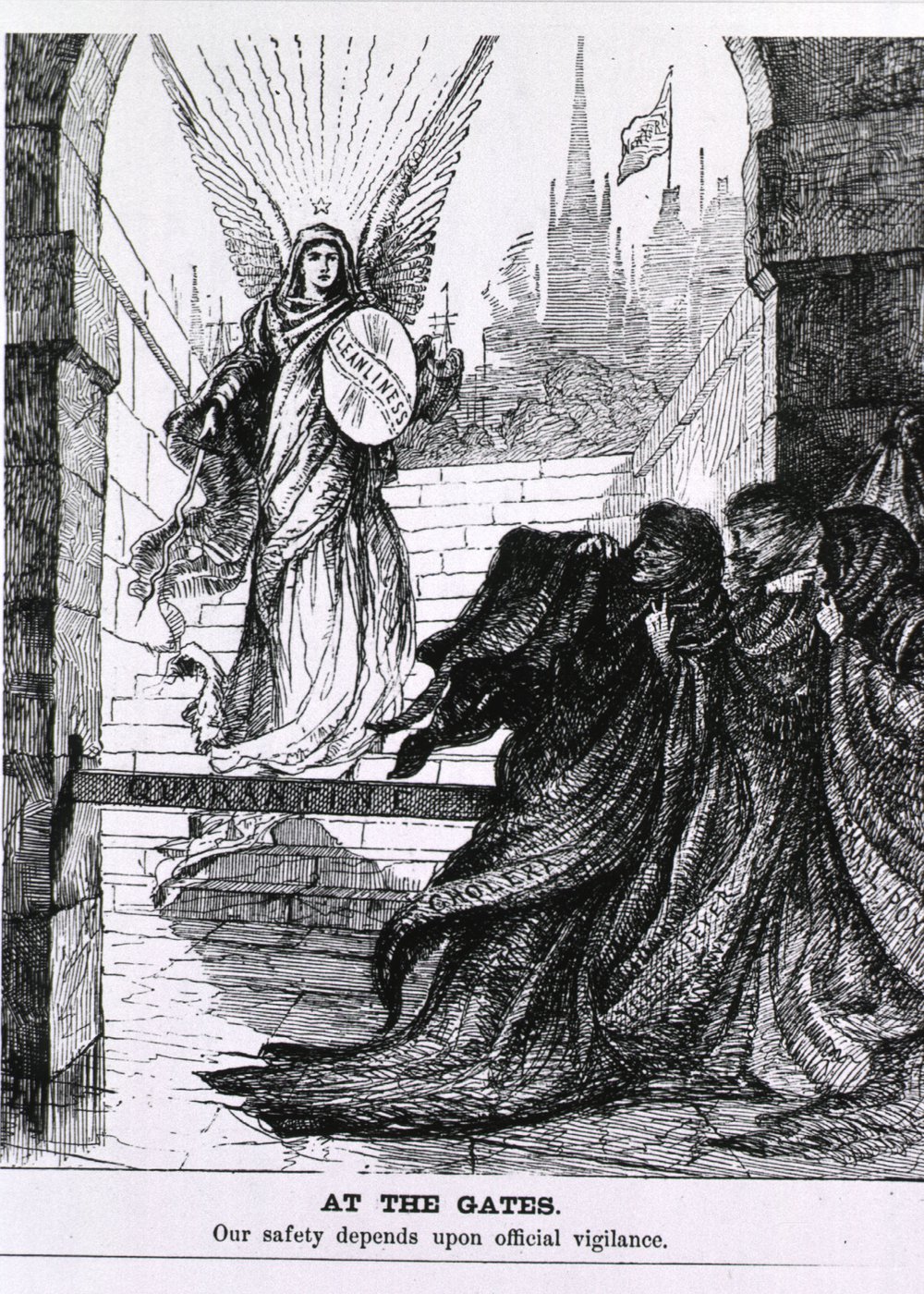 3733cec71germcity_7-jpg.jpeg "At The Gates: Our safety depends upon official vigilance," Harper's Weekly, September 5, 1885. (Courtesy of U.S. National Library of Medicine, 101435663)