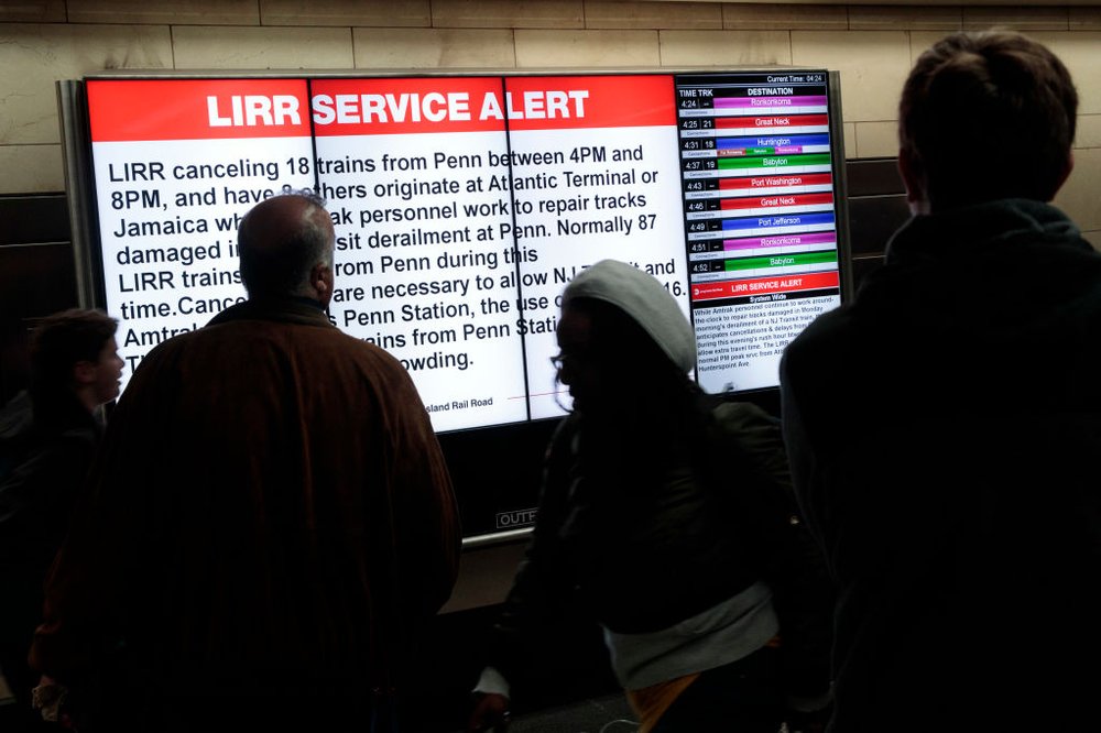 3791a1896gettyimages-664613526-jpg.jpeg A monitor displays a service alert for Long Island Rail Road trains as evening commuters wait at Penn Station April 4, 2017 (Getty Images)