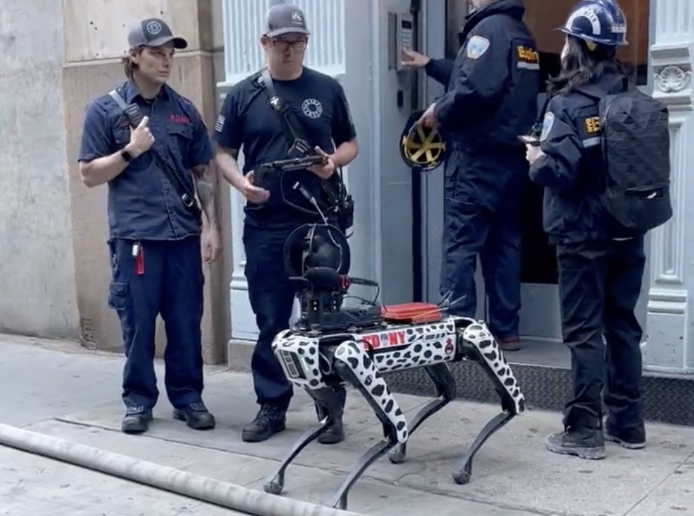 A Twitter post from the FDNY shows responders deploying a robot dog to assist at the scene of a partial building collapse in Lower Manhattan on Tuesday.