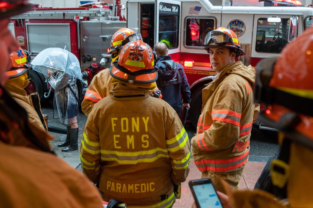 The emergency responders outside 787 7th Avenue  (David "Dee" Delgado /  Gothamist)