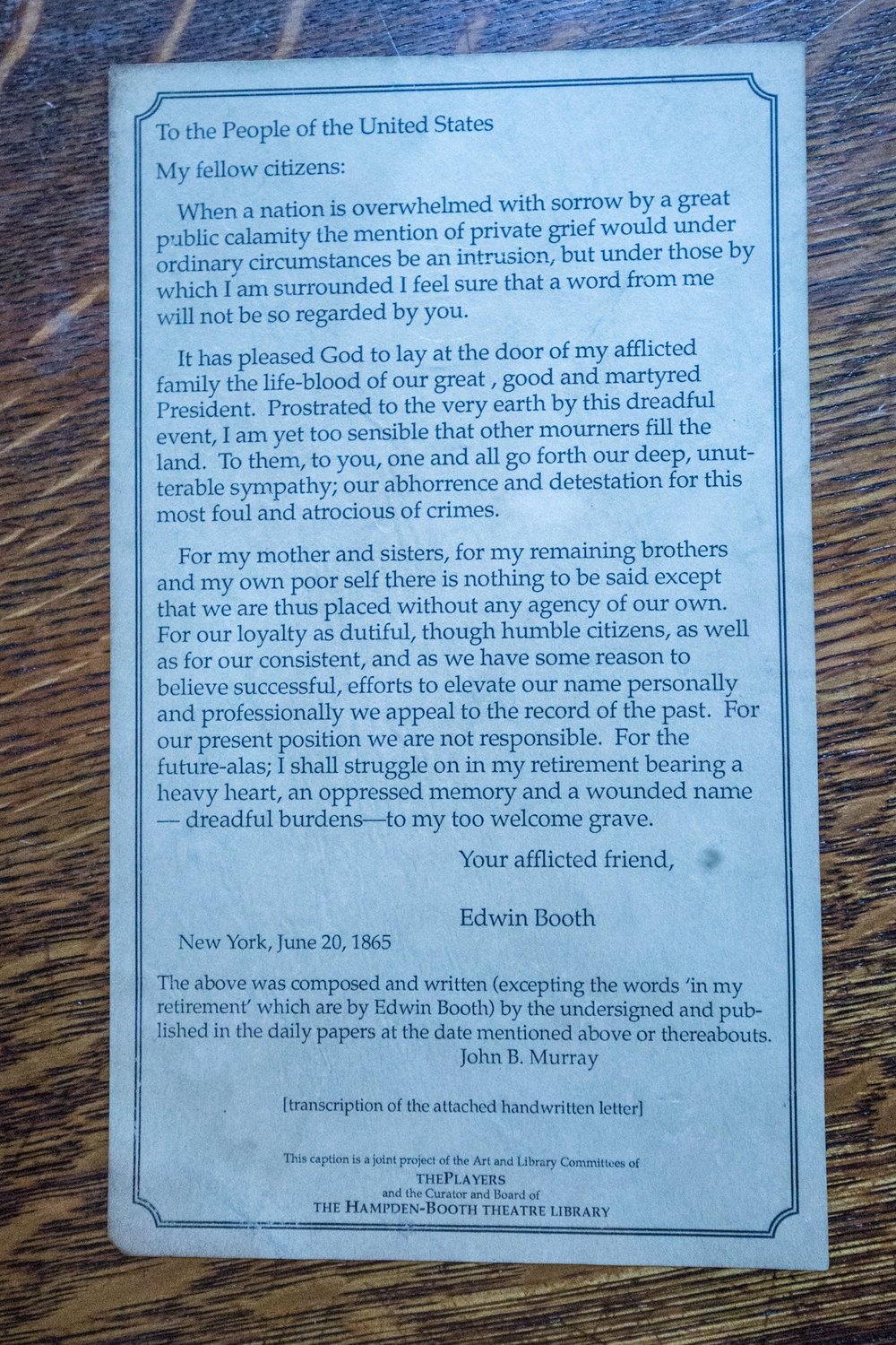 42f3a0c1e.jpeg Letter from Edwin Booth to the public, following the death of President Lincoln at the hands of Booth's brother, John Wilkes Booth<br>