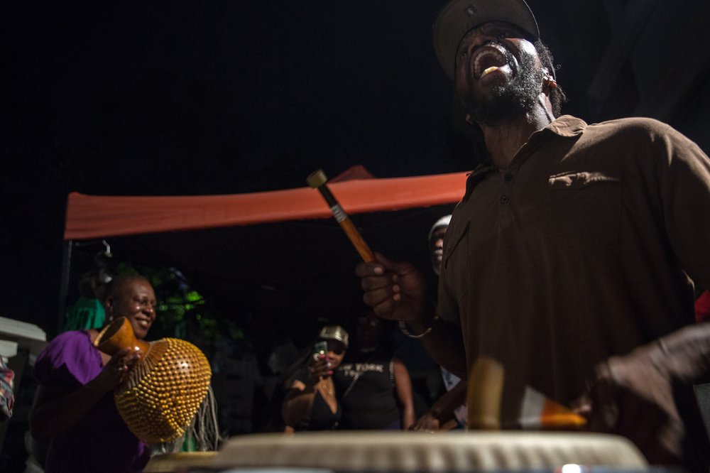 Natty Keith shouts along to a Kutters Rhythm Section practice session in East Flatbush last Thursday night.