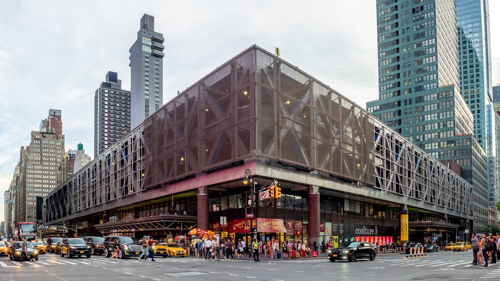 The Port Authority Bus Terminal as seen from a corner, it's huge, clunky exterior in Hell's Kitchen