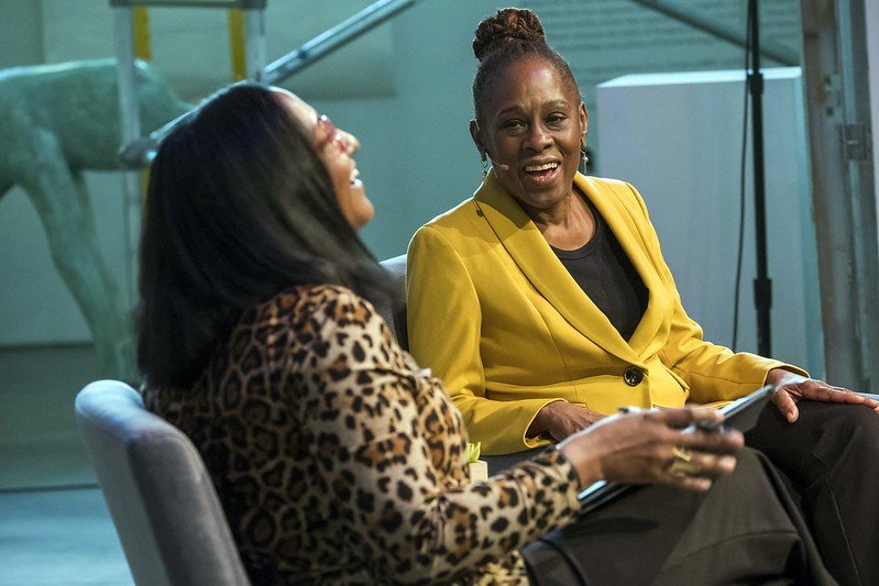 First Lady Chirlane McCray sits in a chair on a stage to announce the launch of Thrive with Chirlane McCray, a new podcast covering mental health and wellness for all. She's part of an armchair discussion with BRIC President Kristina Newman-Scott. BRIC House, Brooklyn. Wednesday, February 19, 2020. Credit: Ed Reed/Mayoral Photography Office.