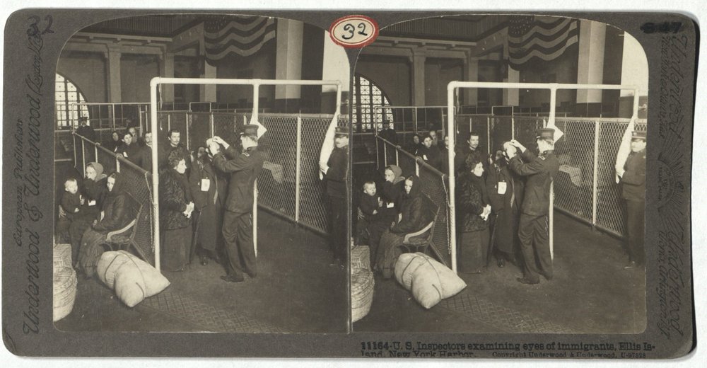 "Untitled [Stereoscopic image of an eye Inspection at Ellis Island]," c. 1913. (Courtesy of The New York Academy of Medicine Library)