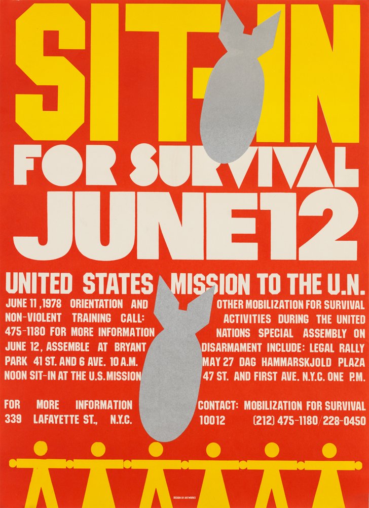 4c3c43f62169-jpg.jpeg "Sit-In for Survival" published by the organization Mobilization for Survival, 1978 - In a similar fashion to Chwast's poster, this design advertises an open sit-in during an earlier session of the United Nations Special Assembly on Disarmament in NYC.