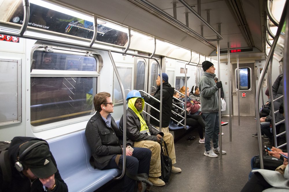 Commuters in an L train on February 6, 2019<br>