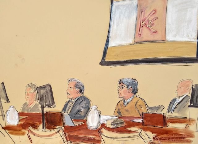 A courtroom sketch depicts Keith Raniere, who allegedly branded women in his organization with his initials, attending a trial in Brooklyn federal court this week.