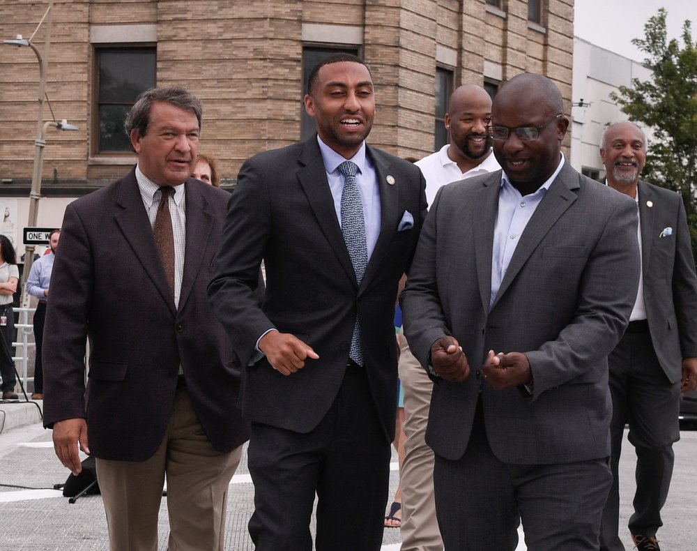 Westchester County Executive George Latimer (left) and Rep. Jamaal Bowman (right) appear at the opening of the rebuilt Third Avenue Bridge in downtown Mount Vernon on Aug. 10, 2021.