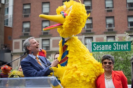Mayor de Blasio delivers remarks at the street renaming ceremony in honor of the 50th anniversary of Sesame Street at 63rd Street and Broadway in Manhattan, New York Wednesday May 1, 2019.
