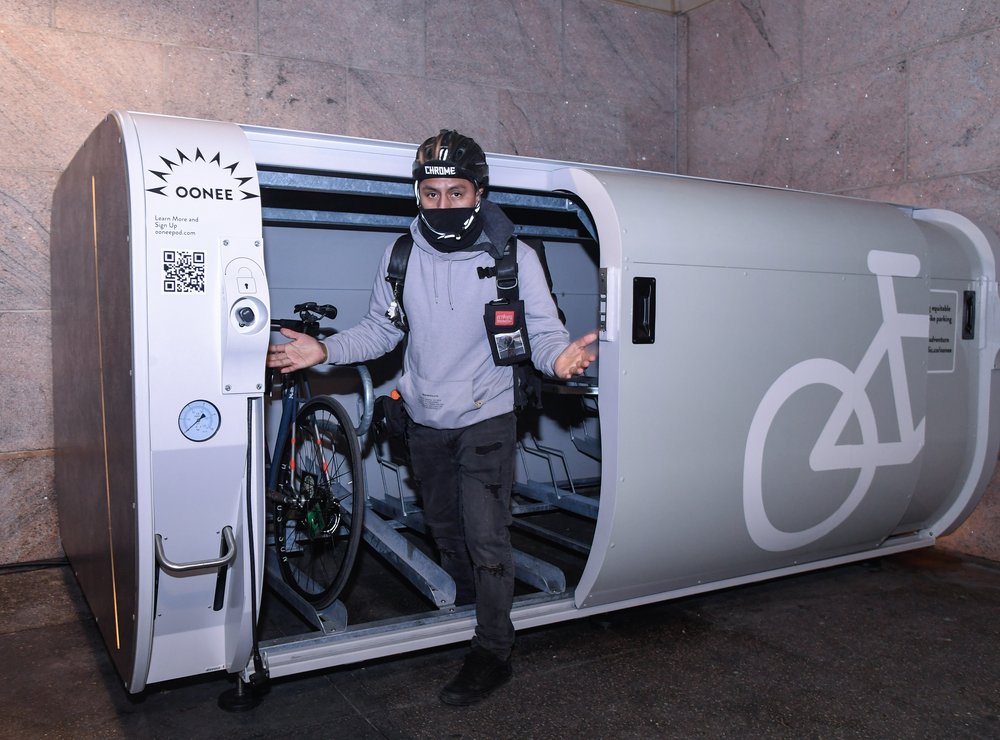 A bike parking pod owned by Oonee at Grand Central Terminal