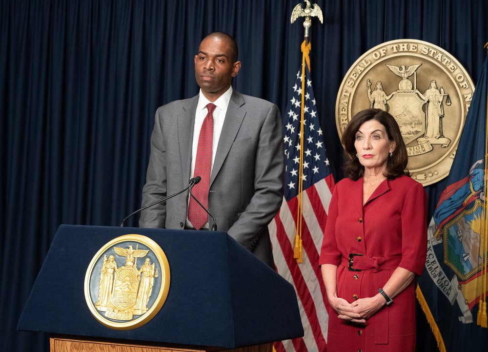 Lieutenant Governor Antonio Delgado and Governor Kathy Hochul at a podium