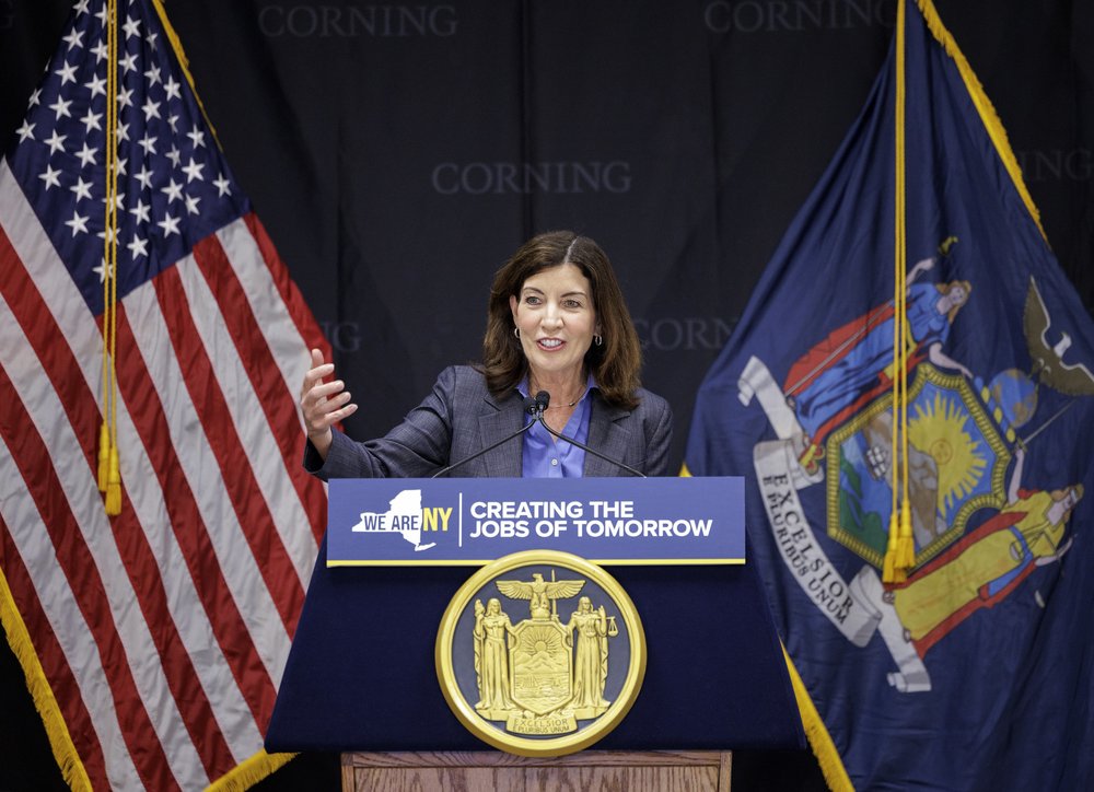 Gov. Kathy Hochul at a podium that says Creating the Jobs of tomorrow