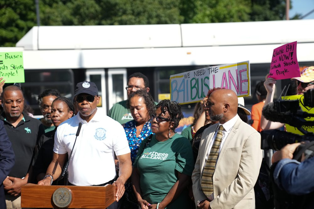 Mayor Eric Adams at a rally with transit advocates.